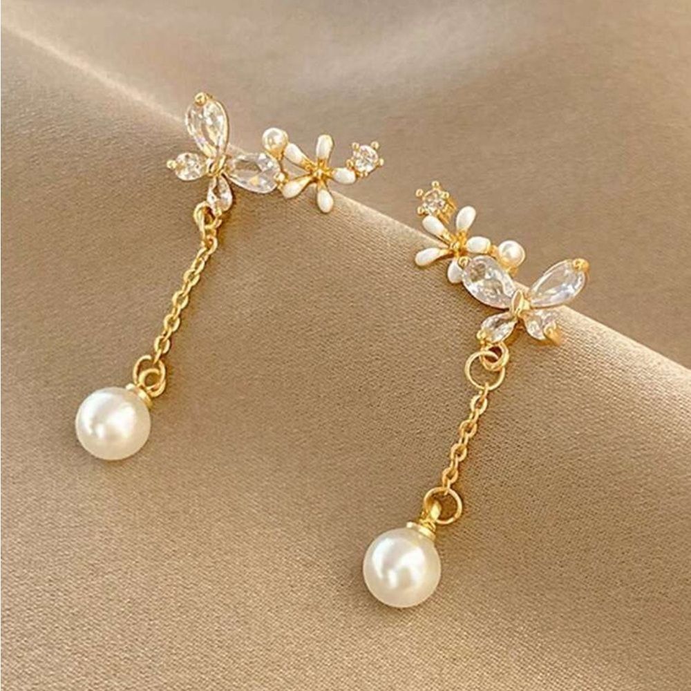 Gold Pearl Drop Floral Earrings N1291